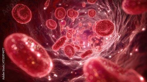 Microscopic background of red blood cells flowing inside blood vessels with scattered bacteria, detailed biological visualization, vibrant crimson and plasma tones, realistic cellular textures.