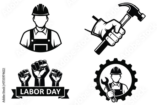 Vector art of labor day icons set worker, construction, industry, job, profession, tool, hammer, fist, gear, wrench, repair, symbol, sign, vector, design