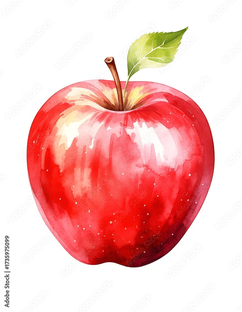 Obraz premium A vibrant red apple with a glossy surface, featuring a fresh green leaf perched on top, resting on a rustic wooden table.