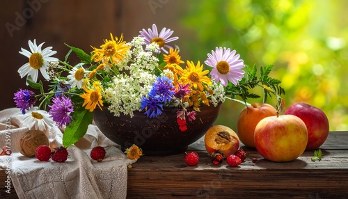 Wallpaper Mural Floral Still Life with Apples and Berries on Wooden Table. Torontodigital.ca