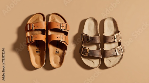 Two pairs of stylish birkenstock sandals, one in tan leather and the other in gray, are arranged on a neutral background, showcasing footwear fashion