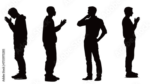 Four distinct silhouettes depict individuals in thoughtful poses, showcasing gestures of communication and reflection, emphasizing body language and interaction.
