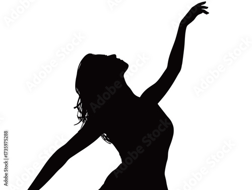 A dancer strikes a dynamic pose, showcasing fluid movement with an elegant arm raised, set against a bright backdrop. The silhouette emphasizes the beauty of dance.