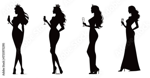Four stylish women in elegant dresses hold glasses while posing gracefully. They celebrate at a high-class event, exuding sophistication and charm.