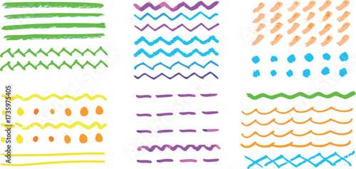 Playful collection of vibrant hand-drawn lines and shapes, evoking childhood drawings on a clean white background.