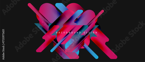 Abstract dynamic composition. Vivid magenta, blue gradients overlap creating modern visual effect. Dark background emphasizes bright shapes.