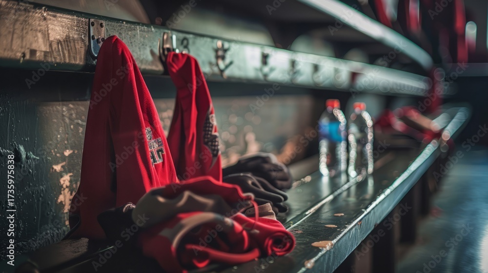 Naklejka premium Football bench in locker room with half-empty water bottles