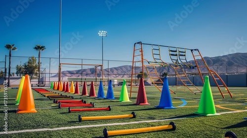 Football field at dawn with yellow training cones
