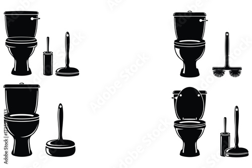 Vector art of collection of toilet bowl and plunger icons set of bathroom cleaning tools and toilet bowl silhouettes vector illustration of lavatory equipment