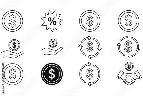 Vector art of set of money and finance icons collection of dollar coin, percentage, hand, and handshake symbols vector illustration of financial transactions