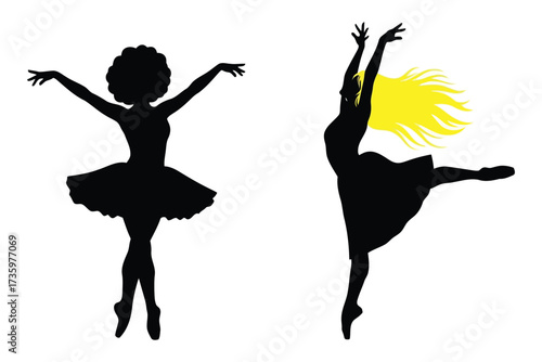 Vector art of two ballet dancers in silhouette, one in a classic tutu pose and the other with flowing hair in midleap, capturing the grace and artistry of dance
