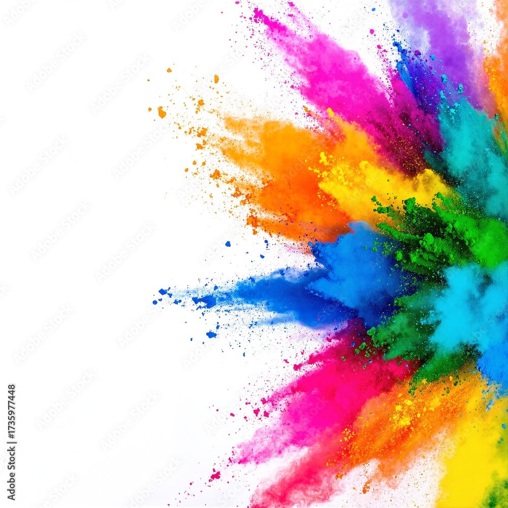 Fototapeta premium A vibrant explosion of multicolored powder bursts against a pristine white background, creating a dynamic and energetic visual effect that captivates the eye.