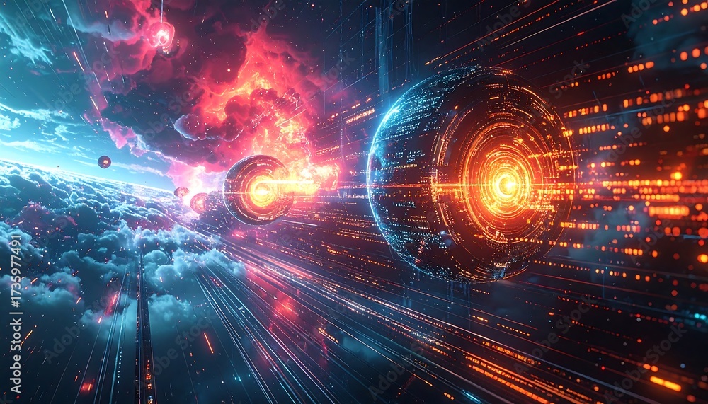 Obraz premium Futuristic Cityscape with Energy Beams.