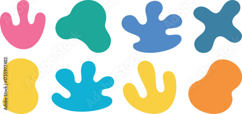 A playful assortment of vibrant abstract blobs evoking childlike wonder and carefree creativity on a clean background.