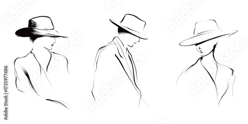 Three stylish figures in wide-brimmed hats are drawn in elegant black and white. Each figure displays a unique pose, emphasizing grace and fashion.