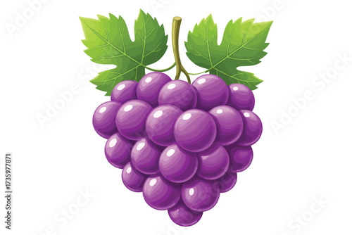 Vector art of a vibrant bunch of purple grapes with lush green leaves, , showcasing the sweetness and freshness of this delicious fruit, perfect for healthy eating