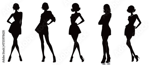 Five distinct silhouettes of women stand in elegant poses, highlighting a variety of outfits and fashion styles against a simple background.