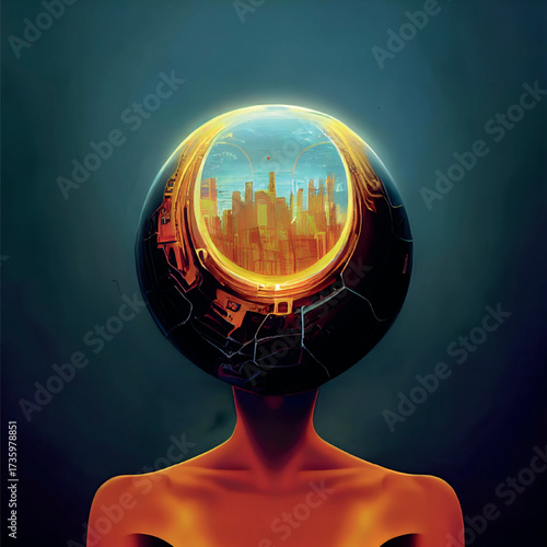 Surreal portrait of a person with a futuristic cityscape reflected in a glowing orb for a head, representing advanced technology and urban development