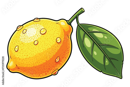 Illustration of a lemon with a leaf, showcasing its bumpy texture and vibrant color, perfect for foodrelated designs and illustrations