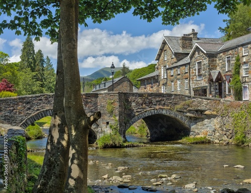 The Old Heritage Beddgelert Pont Bridge across the Afon Colwyn, Snowdonia National Park, Gwynedd, North Wales, United Kingdom, UK