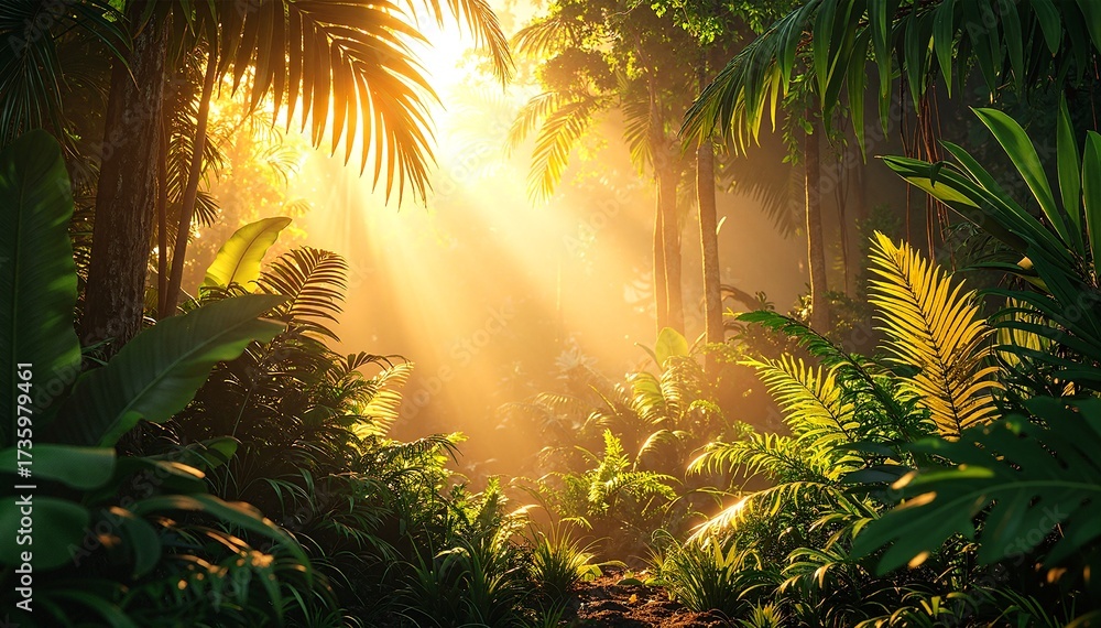 custom made wallpaper toronto digitalGolden sunlight filters through the lush green canopy of a dense forest, casting dappled light on the forest floor, creating a serene and magical atmosphere.
