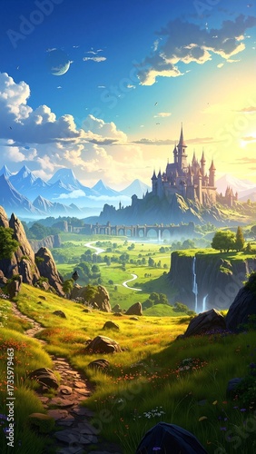 Wallpaper Mural A captivating fantasy scene depicting "The Legend of Zeria," featuring a mystical landscape with ancient ruins, vibrant flora, and a heroic figure wielding a glowing sword. Torontodigital.ca