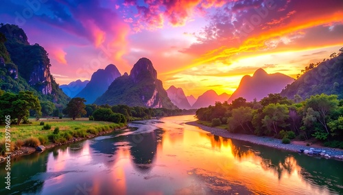Wallpaper Mural A serene view of the Yangtze River at sunset, with vibrant orange and pink hues reflecting on the water, surrounded by lush green hills and silhouettes of distant mountains. Torontodigital.ca