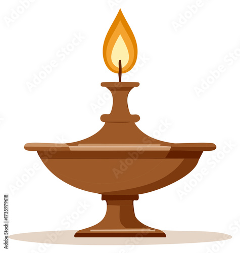 Ancient Bronze Oil Lamp with a Bright Flaming Wick