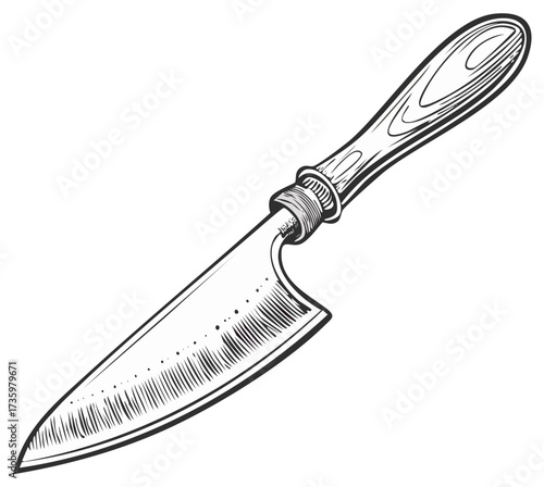 Vintage Style Engraved Chef Knife Illustration with Wooden Handle and Sharp Blade for Cooking and Culinary Design