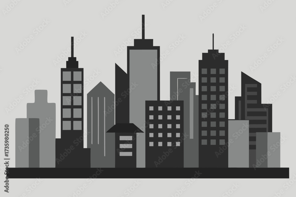 Naklejka premium Black and Gray Monochrome Illustration of a Cityscape with Skyscrapers Against a Light Background