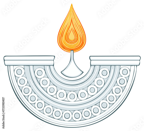 Illustration of a stylized Jewish menorah with flame, ancient symbol of Hanukkah holiday