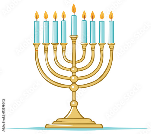 Golden Hanukkah Menorah with Eight Lit Blue Candles and a Shamash Flame