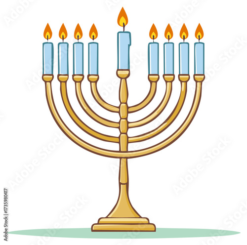 Golden Chanukah Menorah with Seven Lit Blue Candles and a Shamash
