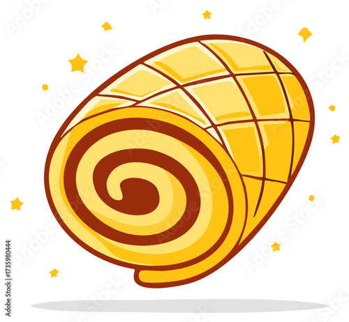 Whimsical yellow rolled dessert with sweet spiral layers and stars illustration