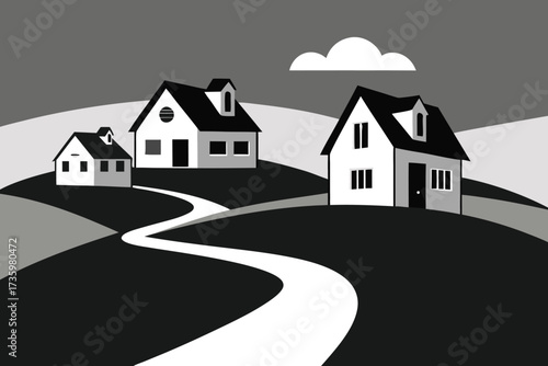 Black and White Houses Landscape with Winding Road and Cloud Above, Simple Illustration