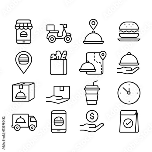 Restaurant takeout online ordering vector icons. Outline symbols. Line design