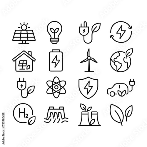 Green energy vector icons collection. Outline symbols. Line design