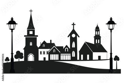 Black and White Silhouette of a Small Town with Churches and Streetlights