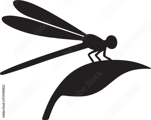 Dragonfly resting on a leaf silhouette, elegant insect vector for nature and wildlife designs.