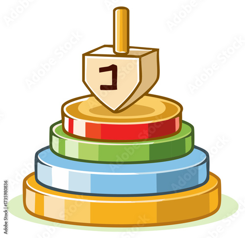 Vibrant traditional dreidel with Hebrew letter Nun atop a festive stack of colorful circles for Hanukkah