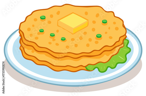 Stack of Pancakes with Butter and Green Decor, Breakfast Illustration