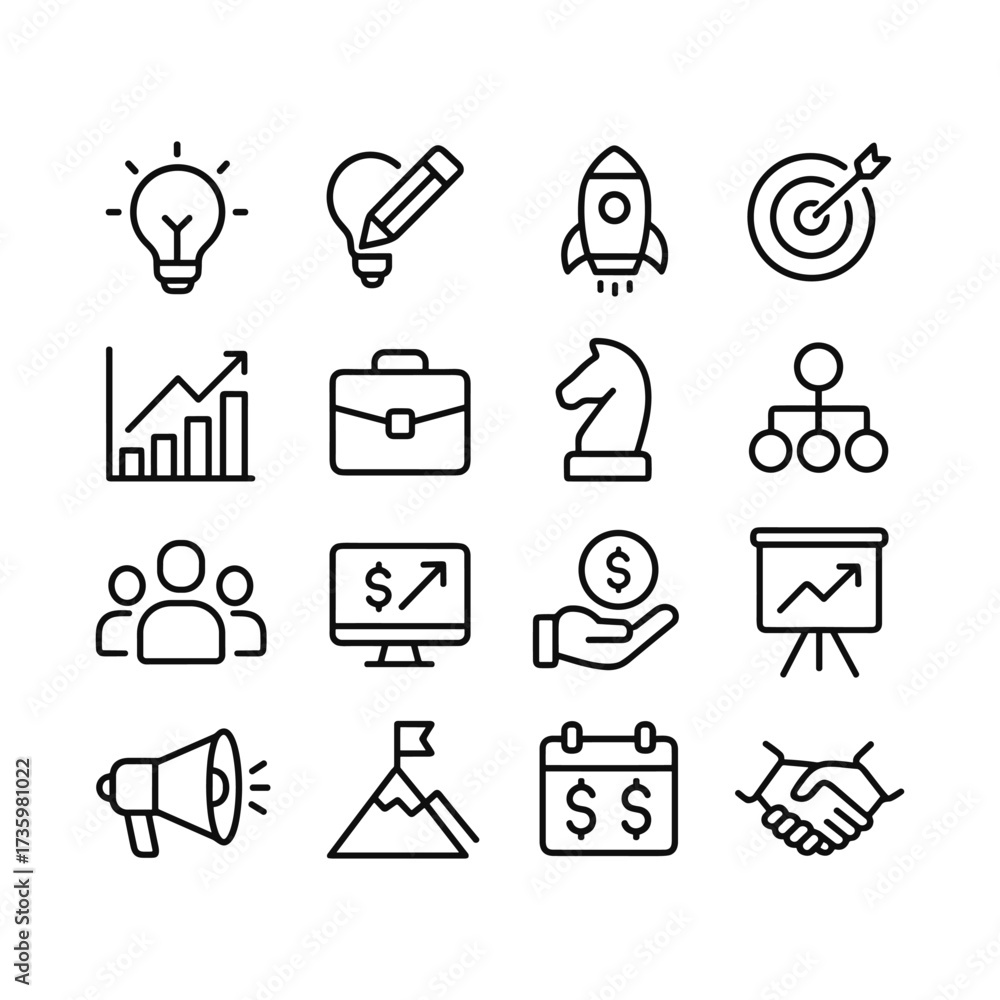 Fototapeta premium Entrepreneurship vector icons collection. Outline symbols. Line design