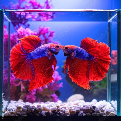 Wallpaper Mural A vibrant aquarium features two striking red fish gracefully swimming among lush green plants and colorful pebbles, creating a lively underwater scene. Torontodigital.ca