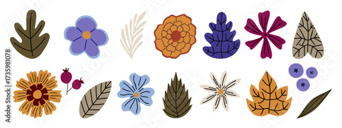 Set of hand-drawn floral design elements with wildflowers, garden blooms, leaves, and abstract shapes. Modern botanical vector illustrations in trendy colors, isolated for creative projects