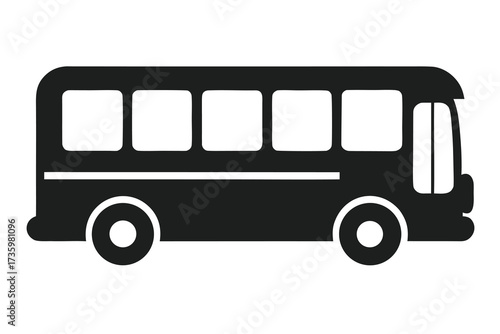 Black Silhouette of a Bus with Square Windows and Two Wheels on a White Background