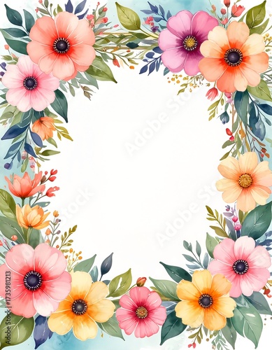 Wallpaper Mural A delicate watercolor floral frame featuring an array of vibrant flowers in soft hues, elegantly encircling the edges, perfect for invitations or decor. Torontodigital.ca