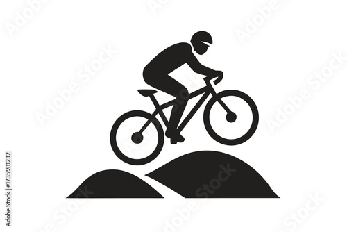 Black Silhouette of a Mountain Biker Riding Over Hills Isolated on White Background