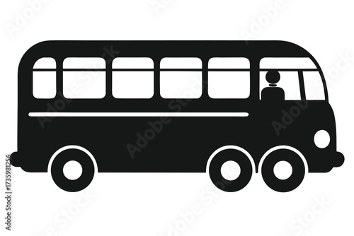 Black Silhouette of a Passenger Bus with Multiple Windows and a Driver Visible Inside