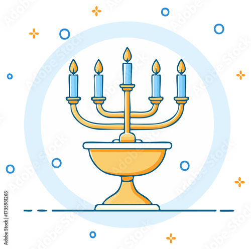 Vector illustration of a golden menorah with lit candles, stylized illustration