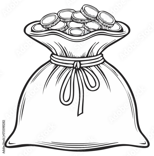 Bag of gold coins, drawing of sack filled with money, financial illustration.